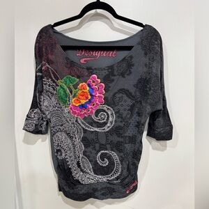 Desigual Gray Top with Pink and Green Accents size S